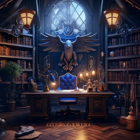 Ravenclaw Common Room Art, Magic Study Room, Harry Potter Study Room, Hogwarts Office, Wizard Office, Ravenclaw Study, Magical Office, Harry Potter Inspired Room, Wizard Room