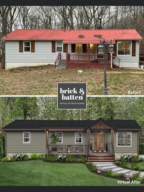 Double Wide Front Porch Ideas, Mobile Home Front Door, Manufactured Home Exterior, Manufactured Home Porch, Double Wide Remodel, Modern Mobile Homes, Gabled Roof, Lake Property, Mobile Home Exteriors