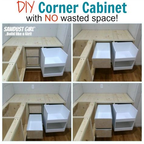 Build a corner cabinet that lets you access every bit of space in the blind corner of your kitchen with pull over and slide out drawers! Diy Corner Cabinet, Redo Basement, Bedroom Furniture Redo, Corner Cabinet Solutions, Blind Corner Cabinet, Sliding Cabinet Doors, Sawdust Girl, Diy Sliding Door, Corner Kitchen Cabinet