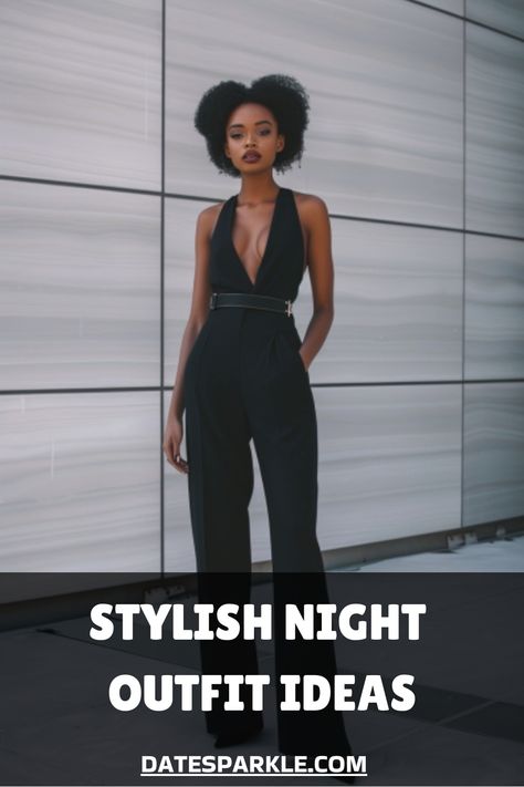 Woman in a chic black halter jumpsuit against a modern wall, with text "Stylish Night Outfit Ideas" and "datesparkle.com". La Night Out Outfit, Trendy Night Out Outfits, Night Out Outfit Ideas, Night Out Outfits, Black Halter Jumpsuit, Trendy Date Night Outfit, Date Night Outfit Ideas, Night Outfit Ideas, Out Outfits