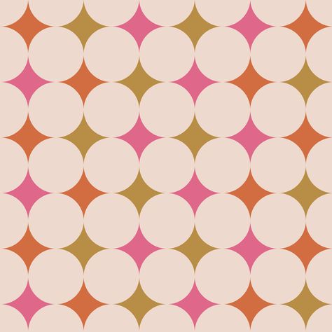 Wall Blush Originals Introduce a celestial flair to any room with our "Starry". Featuring a retro geometric design in a bold palette of pink, orange, and yellow, this design adds a touch of feminine elegance to your space. Make a statement with this fun yet sophisticated accent! 19-inch panel design and available in heights from 2 - 20 feet Choose between a PEEL AND STICK VINYL application or a PASTE TO THE WALL TRADITIONAL NON-WOVEN application. Subtle sheen Pink, Orange and Yellow Easily remov 70s Palette, Retro Wall Design, Orange And Pink Pattern, 70s Inspired Design, Retro Stars, Retro Design Pattern, Pink Orange Yellow, Retro Prints And Patterns, Pink Retro