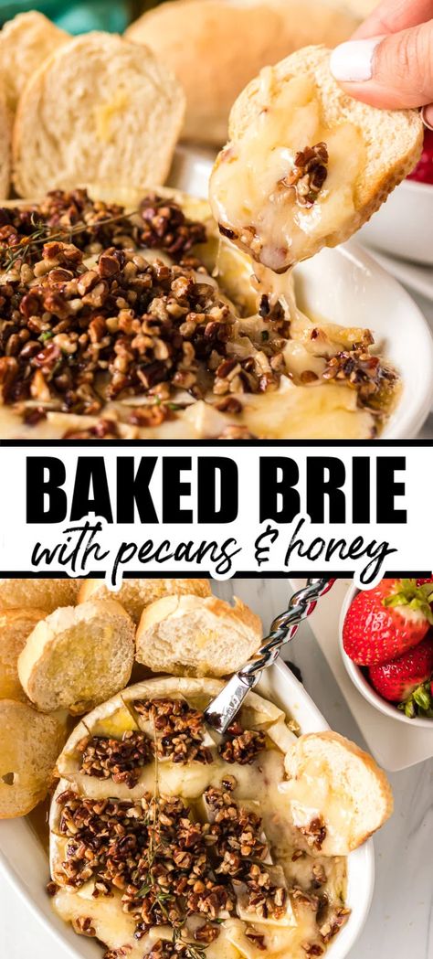 This baked brie recipe features a rich, creamy, buttery brie round and is topped with naturally sweet honey, fresh, fragrant thyme, red pepper flakes, and finished with pecans for the perfect honey nut brie centerpiece! | persnicketyplates.com Baked Brie Honey Walnut, Baked Brie With Dates, Pistachio Baked Brie, Baked Brie With Candied Pecans, Brei Cheese Recipes Brie Appetizer, Baked Brie Honey Pecans, Sweet Baked Brie, Honey Nut Baked Brie, Brie Toppings Baked