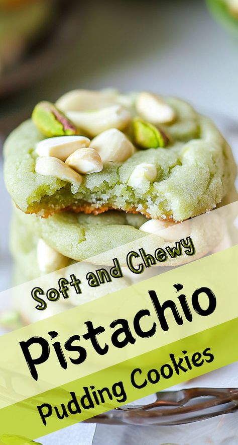 Soft, chewy, and packed with pistachio flavor, these pistachio pudding cookies are a delicious treat. Perfectly balanced with white chocolate chips and crunchy pistachios, they are an easy, crowd-pleasing dessert! Pistachio Pudding Cookies Recipe, Instant Pistachio Pudding Recipes, Low Carb Pistachio Dessert, Pistachio Drop Cookies, Keto Pistachio Cookies, Recipes Using Pistachio Cream, Pistachio Dessert Cups, Pistachio Wedding Cookies, Recipes With Pistachio Pudding