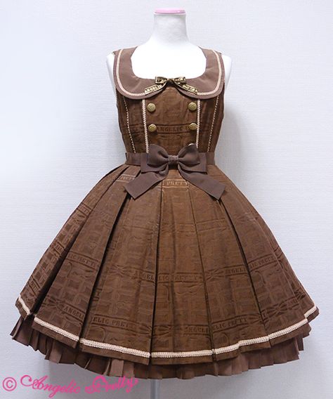 Pie's Dream Dress Kawaii Brown Outfit, Angelic Pretty Dress, Chocolate Dress, Ribbon Collar, Goth Lotila Dress, Fairy Kei Mini Dress With Ruffles, Chocolate Fashion, Lolita Outfits, Jumper Skirt