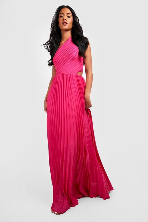 Tall One Shoulder Pleated Maxi Dress | boohoo Bright Bridesmaid Dresses, Wedding Guest Dress Inspiration, Hot Pink Maxi Dress, Trendy Cocktail Dresses, Bright Pink Dresses, Tall Dress, Formal Wedding Guest Dress, Fall Chic, Bright Dress