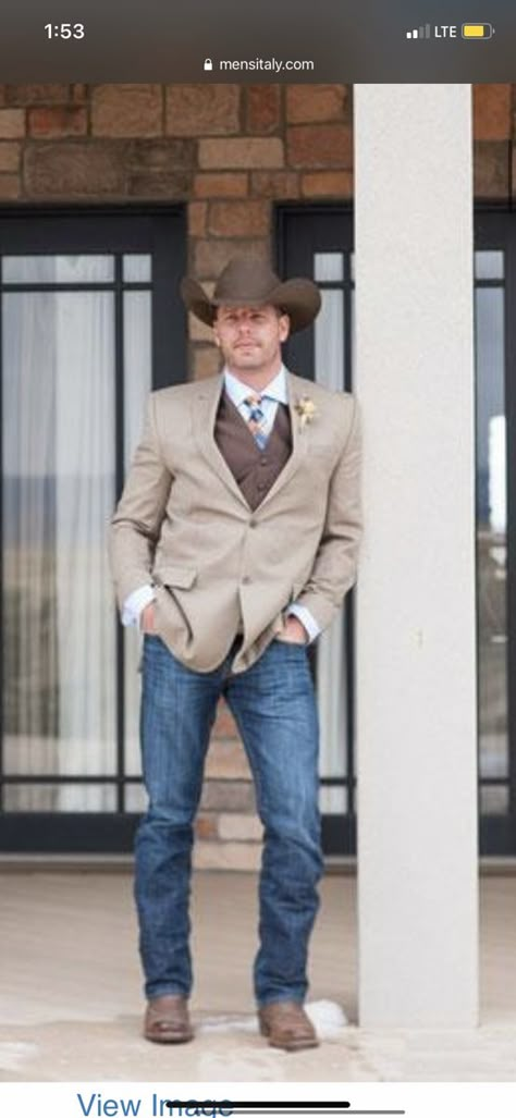 Men’s Western Formal Wear, Tan Sports Coat With Jeans Wedding, Suit Jacket With Jeans And Cowboy Boots Men, Country Wedding Outfits Guest, Western Wedding Outfits For Men, Jeans Cowboy Boots And Blazer Outfit Men, Cowboy Chambelanes Outfits, Tan Suit Jacket With Jeans Wedding, Guys Prom Outfit With Jeans