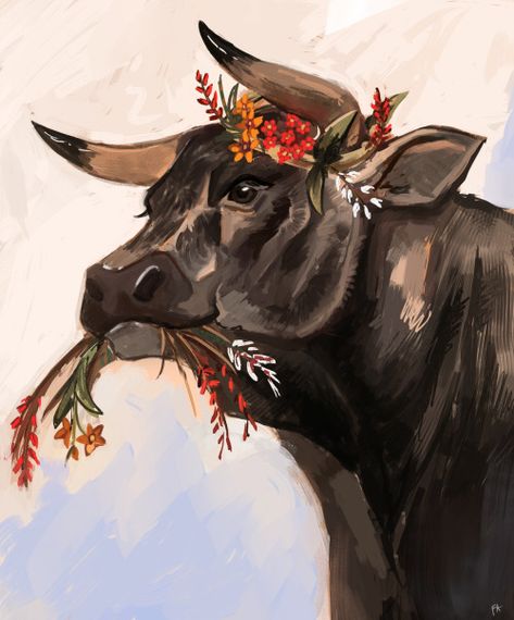 Bull Fursona, Cows Drawing, Bull Aesthetic, Bull Illustration, Bull Artwork, Cow Paintings, Grazing Cow, Cow Illustration, Illustration Kunst