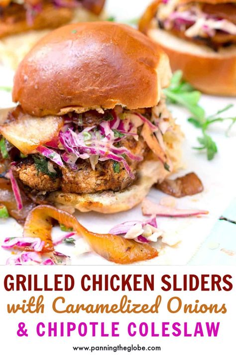 The best grilled chicken sandwich recipe ever: Mexican-spiced grilled chicken sliders with caramelized onions and chipotle coleslaw! #BarbecueChicken #ChickenSliders #GrilledChicken Grilled Chicken Sliders, Best Grilled Chicken Sandwich, Chipotle Coleslaw, What To Grill, The Best Grilled Chicken, Best Grilled Chicken, Grilled Chicken Sandwich, Sliders Recipes Chicken, Chicken Sandwich Recipe