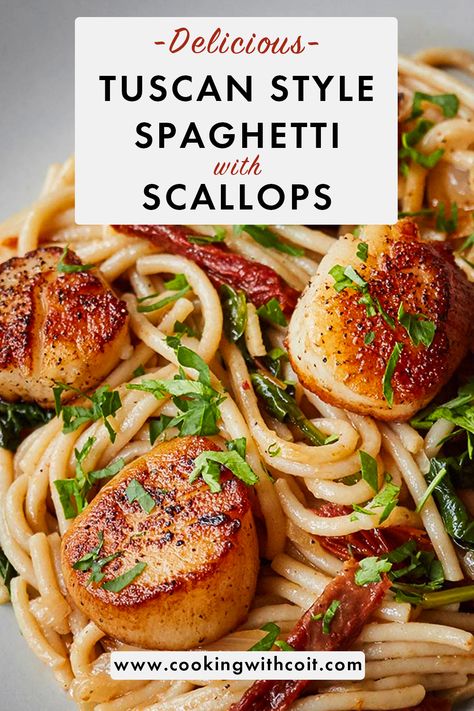 Scallop Tomato Pasta, Creamy Tuscan Spaghetti With Jumbo Scallops, Scallop Sundried Tomato Pasta, Tuscan Butter Scallops, Dairy Free Scallop Recipes, Creamy Tuscan Spaghetti With Scallops, Scallop Pasta Recipe Healthy, Scallops And Pasta Healthy, Scallops And Spaghetti