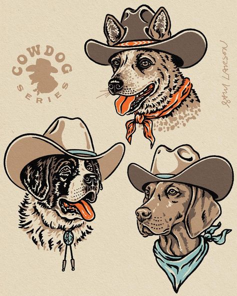 Sam Larson, Dog Illustrations, Western Artwork, 2024 Planner, Red Heeler, Cowgirl Art, Cowboy Art, Great Pyrenees, Flash Art