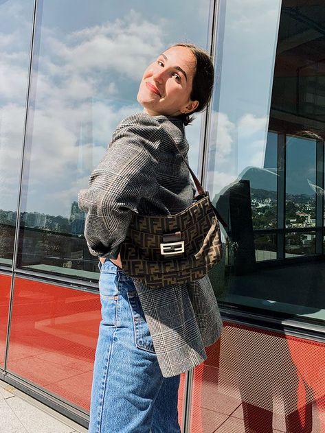 I Wore 100% Vintage Outfits for a Week, and It Weirdly Made Me Happier Fendi Zucca Bag Outfit, Fendi Mama Baguette Outfit, Fendi Baguette Outfit, Fendi Bag Outfit, Fendi Mama Baguette, Vintage Bag Outfit, Fendi Zucca Bag, Vintage Fendi Bag, Vintage Outfits Winter