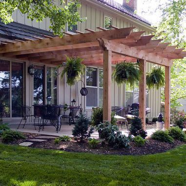 Deck On The Side Of The House, Pergola Over Sliding Glass Door, Raised Bed Garden With Trellis, Patio Knee Wall Ideas, Decorated Patios, Small Patio Pergola, Country Family Room Ideas, Simple Backyard Patio Designs, Pergola Off Of House