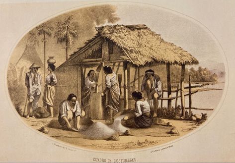 C. W. Andrews’ Cuadro de Costumbres - in the Philippine countryside, there is a small house with a straw roof with seven people in front of it. The four women in the center process rice. A man and woman interact at the left, and a man sits on a fence towards the right. The woman wear white baro, saya and tapis. The men wear work Barong Tagalog and work pants Life In The Philippines, Victorian Vases, Barong Tagalog, Filipino Art, History Images, Man Sitting, English Artists, The Philippines, Southeast Asia