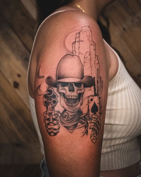 Women’s Skeleton Tattoo, Cowboy Tattoos Sleeve, Western Skull Hand Tattoo, Southern Sleeve Tattoo, Medium Size Western Tattoos, Cowboy Scene Tattoo, Western Upper Arm Tattoos, Full Sleeve Tattoos Women Country, Skeleton Cowboy Hat Tattoo