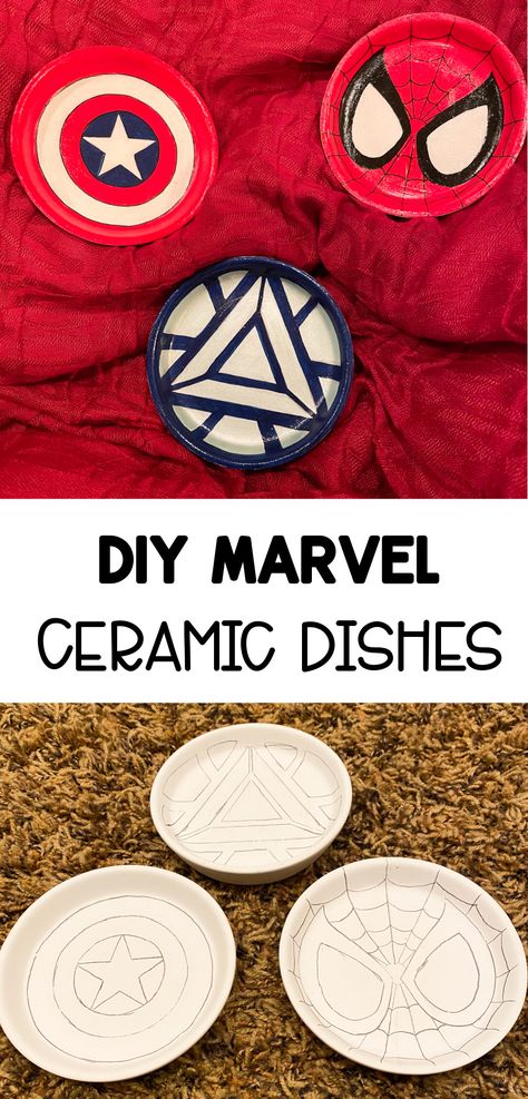 Marvel Clay Ideas Easy, Pottery Painting Marvel, Marvel Ceramics Ideas, Marvel Clay Ideas, Marvel Diy Crafts, Clay Marvel, Clay Plates Design, Clay Ashtrays, Marvel Crafts