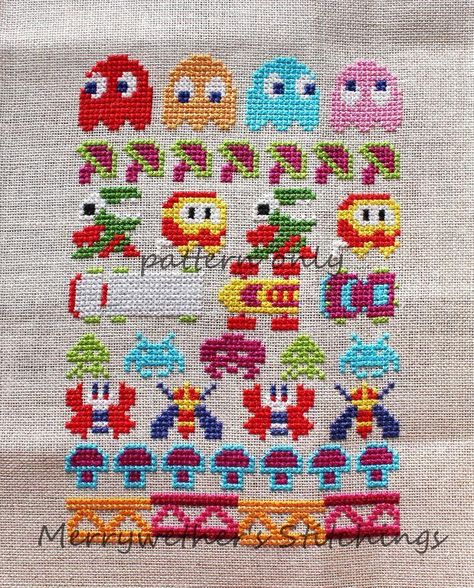 $4.50 pdf digital download at www.craftsy.com (10) Name: 'Embroidery : Arcade Cross Stitch Sampler Cross Stitch Sampler Patterns, Stitch Witchery, Nerd Crafts, Cross Stitch Love, Stitch Ideas, Cute Cross Stitch, Cross Stitch Samplers, Game Characters, Video Game Characters