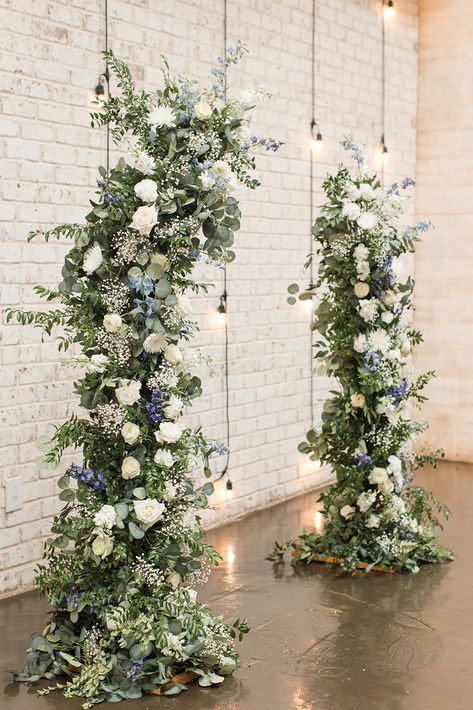 Blue And White Wedding Arbor, Dusty Blue Wedding Arch, White Wedding Arbor, White Arbor, Wedding Greenery Garland, Branch Arch Wedding, French Blue Wedding, Olive Branch Wedding, City Chic Wedding