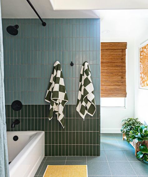 Colossus Mfg. Interior Design Studio (@colossusmfg) • Instagram photos and videos Blue Green Bathroom, Modern Traditional Kitchen, White Subway Tile Shower, Tile Tub Surround, Subway Tile Showers, Custom Backsplash, Bathroom Accent Wall, Room Accent Wall, Bathroom Accents