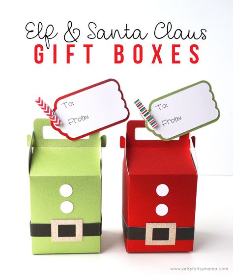 Make some jolly Elf and Santa Claus holiday gift boxes with the Cricut Maker to hold lots of Christmas goodies! #CricutMade #CricutHoliday #Cricut #christmas #giftidea Christmas Gift Box Template, Gift Box Templates, Gift Box Template Free, Diy Gift Box Template, House Gift Box, Cricut Christmas Ideas, Box Templates, Creative Diy Gifts, Cricut Christmas