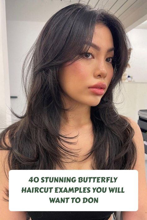 Wispy Butterfly Haircut with Curtain Bangs #haircuts Butterfly Layers With Bangs, Butterfly Haircut Round Face, Wispy Haircut, Butterfly Haircut With Curtain Bangs, Best Haircuts Women, Butterfly Bangs, Current Haircuts, Long Fine Hair, Haircut With Curtain Bangs