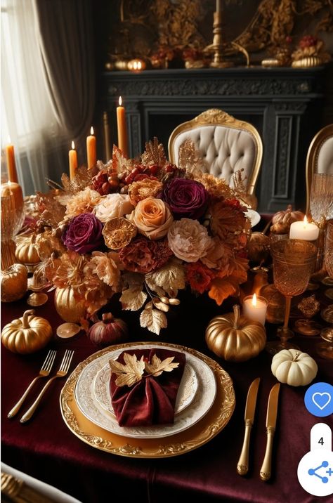 Burgundy Fall Decor, Fall Table Setting Ideas, Fall Table Decor Ideas, Autumn Tablescapes, Fall Dining Table Decor, Burgundy Color Scheme, Velvet Tablecloth, Thanksgiving Tables, Fall Table Setting