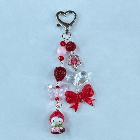 Strawberry Hello kitty gotochi beaded... - Depop Hello Kitty Handmade Necklace, Keychains Hello Kitty, Hello Kitty Plush Keychain, Strawberry Hello Kitty Keychain, Hello Kitty Gotochi Charm, Hello Kitty Keychain, Cute Outfits With Jeans, Cute Purses, Beaded Keychains