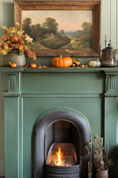 21 Cozy Fall Decor Ideas * Autumn Decorating | Montana Happy English Country Fall Decor, English Cottage Fall Decor, Cottagecore Fireplace, Cottage Mantle, Green Mantle, Autumn Decorating Ideas, English Fireplace, Country Autumn, Ideas For Autumn