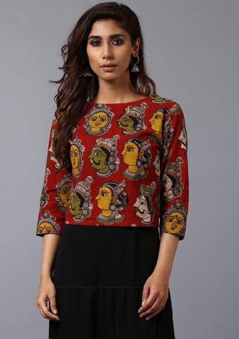 Kalamkari Crop Top, Kalamkari Kurtis, Kalamkari Tops, Kalamkari Blouse Designs, Short Kurti Designs, Cotton Short Tops, Cotton Tops Designs, Kalamkari Dresses, Kalamkari Designs