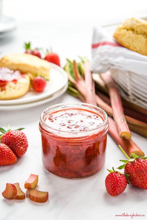 This Strawberry Rhubarb Freezer Jam is a simple and easy homemade jam recipe made with fresh strawberries & rhubarb! 4 ingredients, no pectin, & no canning! Recipe from thebusybaker.ca! #strawberryrhubarb #jam #homemadejam #freezerjam #strawberryrhubarbjam Strawberry Rhubarb Freezer Jam, Rhubarb Freezer Jam, Chia Seed Jam Recipe, Rhubarb Strawberry, Jam Packaging, Freezer Jam Recipes, Strawberry Rhubarb Jam, Jam Recipes Homemade, Canning Recipe