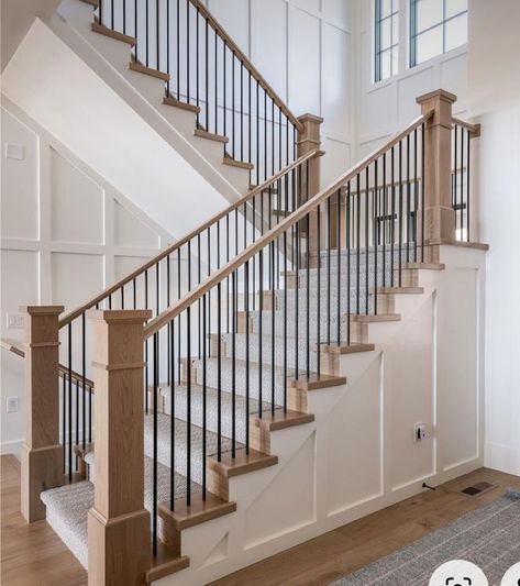 Interior Stairway Designs, Stairs And Banister Ideas, Stairs Up And Down, Farmhouse Interior Stairs, Modern Craftsman Staircase, Modern Farmhouse Millwork, Modernize Staircase, Timeless Stair Railing, Redone Staircase