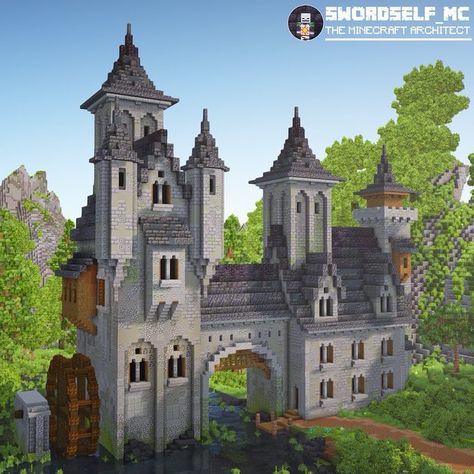 Minecraft Fantasy Castle Blueprints, Castle Minecraft Layout, Castle Aesthetic Minecraft, Minecraft Midevil Bridges, Moss Castle Minecraft, Small Medieval Castle Minecraft, Minecraft Castle Exterior, Midevil Buildings Minecraft, Minecraft Fairytale Castle