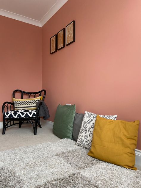 Terracotta Pink Bedroom, Terra Cotta Guest Room, Dulux Copper Blush Bedroom, Copper Blush Bedroom, Dulux Copper Blush Living Room, Dulux Copper Blush, Terracotta Accent Wall Living Room, Copper Blush Dulux Paint, Yoga Room Colors