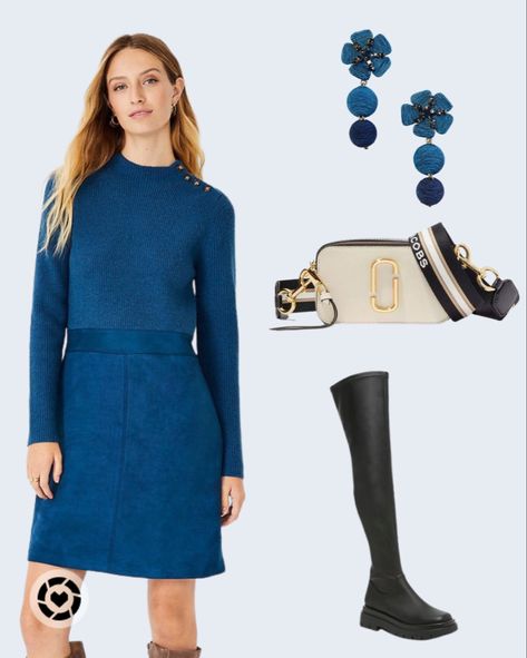 Beautiful blue dress with sweater top and faux suede skirt. This color looks great with everything and perfect for this winter season. I suggest to pair it with tall boots, cute earrings and your favorite bag. I have chosen these long teal earrings that matches perfectly the dress, and a very versatile Marc Jacobs purse. Follow my shop @cute_things_22 on the @shop.LTK app to shop this post and get my exclusive app-only content! #liketkit #LTKCyberweek #LTKworkwear #LTKstyletip @shop.ltk Blue Ruffled Winter Dress, Blue Winter Boots With Block Heel, Teal Sweater Dress Outfit, Fitted Blue Knee-high Boots For Fall, Blue Knee-high Party Boots For Winter, Blue Outfit Winter, Marc Jacobs Purse, Faux Suede Skirt, Teal Earrings