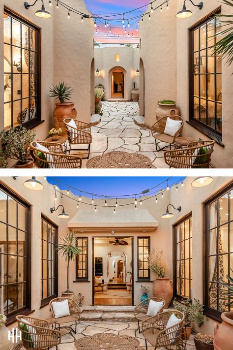 Spanish Terracotta Villa, Spanish Style Ranch Homes Exterior, Spanish Home Bedroom, Spanish Hacienda Courtyard, Mexican Style Hacienda Homes, Adobe House Interior Spanish Style, Spanish Courtyard Ideas Hacienda Style, Hacienda Style Homes Bedroom, Spanish Casita Hacienda Style