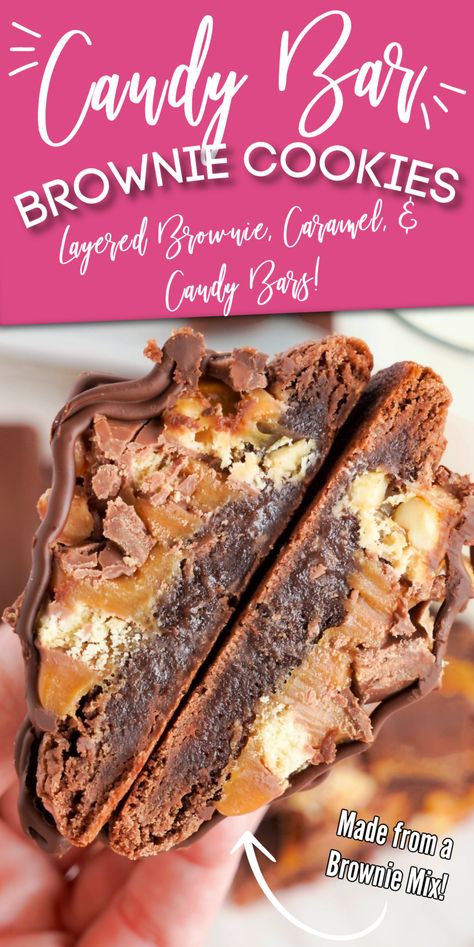 Easy Candy Bar Brownie Mix Cookies! Brownie Mix Cookies topped with Snickers, Kit Kats, Twix, Snickers, Toffee, Whoppers, and more! These Caramel Glazed Cookies are soft and chewy loaded with your favorite candy bars and drizzled in chocolate! The best candy bar cookies and brownies in one! The perfect cookie recipe for leftover candy for Halloween, Christmas, Easter, and Valentine’s Day! Cookies Made With Candy Bars, Candy Cookie Recipes, Brownie Bars Recipes, Candy Bar Cookies Recipes, Loaded Brownies, Glazed Cookies, Thick Cookies, Candy Bar Recipe, Cake Mix Cookie Bars