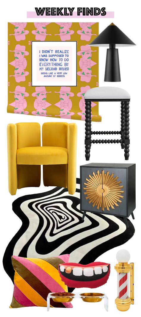 Bold and funky vibes ! A Tom Selleck wallpaper, teet pillow, irregular black and white rug, bright yellow armchair #eclecticdecor #weeklyfinds #homedecor Black And White Interior With Color Pop, Bright Funky Living Room, Modern Lounge Rooms, Funky Interior Design, Funky Bedroom, Bold Interior Design, Eclectic Chairs, Maximalist Eclectic, Black And White Furniture