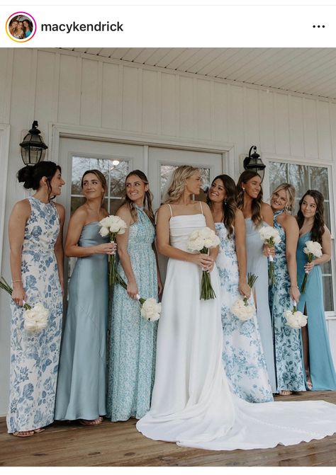 Blue Tones Bridesmaid Dresses, Dusty Blue Bridesmaid Dresses With Groomsmen, Wedding Ideas September, Uneven Bridal Party, Blue Wildflower Wedding, Spring Wedding Bridesmaids, Blue Green Wedding, Blue White Weddings, Cowgirl Wedding