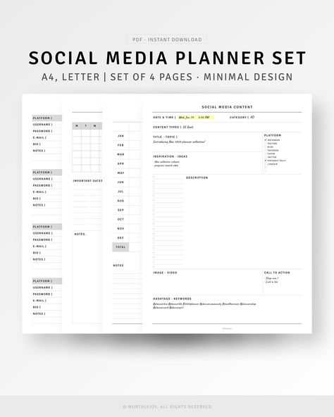 Social Media Planner A4/Letter Printable, Ins Post Planner Social Media, Social Media Content Planner Template Free, Social Media Planner Template Free, Youtube Content Planner, Instagram Post Planner, Influencer Planner, Content Planner Template, Business Planner Printables, Social Media Planner Template