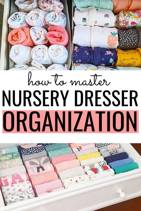 Nursery Dresser Organization | Are you organizing baby clothes and looking baby dresser organization ideas? This is the guide you need. Whether you're working with a small nursery dresser with 3 drawers or not, you can store baby clothes easily following these 5 steps. These nursery dresser organization tips are perfect for anyone looking to organize their baby's dresser using baskets, bins and organizaers. These baby dresser organization ideas are easy to DIY as well. #nursery Organizing A Nursery Dresser, Nursery Organization Drawers, Newborn Nursery Dresser Organization, Best Nursery Organization, Small Dresser For Nursery, What To Put In Nursery Dresser, Organize Infant Clothes, Organizing Nursery Dresser Drawers, 3 Drawer Dresser Nursery Organization