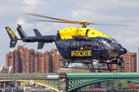 Metropolitan Police EC145 | Metropolitan Police EC145 helicopter at the London Heliport.  For more information and the latest news on the Metropolitan Police's Air Support Unit, follow them on Twitter at @mpsinthesky Met Police, Police Helicopter, Bell Helicopter, London Wallpaper, Big Birds, Traffic Police, Police Truck, London Police, Metropolitan Police