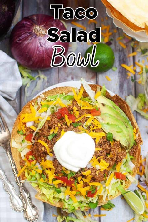 Make taco leftovers fun with my kid-pleasing Taco Salad Bowls! Done in under 15 minutes, with instructions for taco meat included! via @thesundaysupper Taco In A Bowl, Taco Leftovers, Taco Salad Shells, Salad In A Bowl, Chicken Tortillas, Salad Bowl Recipes, Leftover Taco Meat, Taco Salad Bowls, Tortilla Bowls