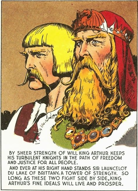 Arthur and Launcelot. Art and text: Hal Foster (from page 504, October 6, 1946). Source: Prince Valiant (Vol. 5): 1945-1946 – Hal Foster (Fantagraphics Books, 2012). Barbarian Art, Prince Valiant, Valiant Comics, Arthurian Legend, A Prince, Old Comics, Bd Comics, Classic Comics, King Arthur