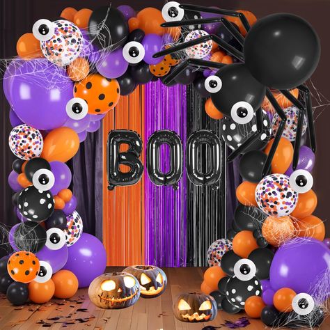 PRICES MAY VARY. 【Balloons Set Package Include】:27pcs Black balloons (2pcs 18" +5pcs 12"+10pcs 10"+10pcs 5"); 17pcs Purple Balloons(2pcs 18"+5pcs 10"+10pcs 5"); 25pcs Orange Balloons (5pcs 12"+10pcs 10"+10pcs 5"); 13pcs 5" Eye balloons; 5pcs 12"confetti balloons; 5pcs 12"White polka dot balloons and 5pcs 12"Black polka dot balloons; 8pcs Black long balloons and 16"Boo Aluminum Foil Balloons. Also have 20g Spider Web and1 pack Orange Purple Black foil fringe curtain(3.3 x 6.6 ft ) 【Halloween Ball Halloween Dance Decorations, Halloween Photobooth, Halloween Balloon Arch, Halloween Photo Backdrop, Halloween Balloons Decorations, Halloween Dance Party, Halloween Party Backdrop, Dollar Tree Halloween Decor, Spooky Basket