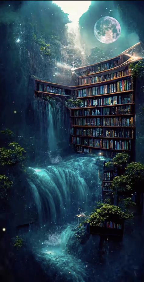 Magical Library Art, Magical Library Fantasy Art, Fantasy Library Aesthetic, Magic Library Aesthetic, Celestial Library, Library Landscape, Fantasy Waterfall, Magic Library, Fantasy Library