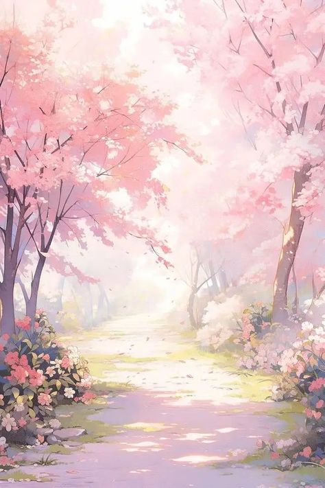 Notion Wallpaper, Pink Scenery, Nature City, Sky Blue Background, Cherry Blossom Wallpaper, Dreamy Artwork, Pink Tree, Vintage Flowers Wallpaper, Cherry Blossom Festival