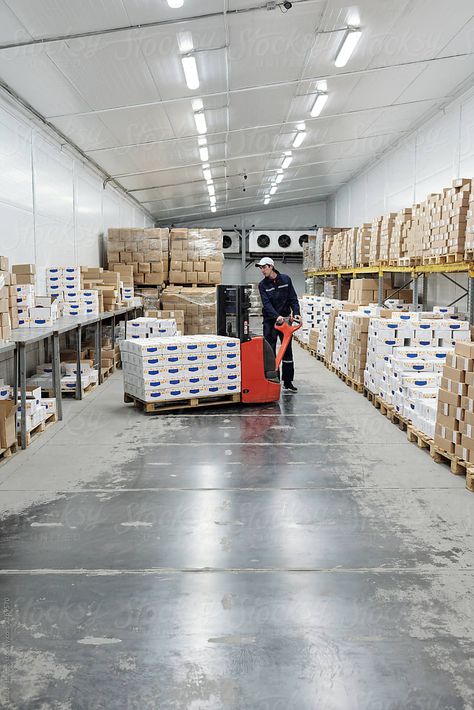 Male worker unloading packages of butter and mayonnaise from pallet truck in cold storage of food manufacturing factory Cold Storage Warehouse, Food Warehouse, Food Manufacturing, M Image, Man Working, Manufacturing Factory, Warehouse Storage, Cold Storage, Food Industry