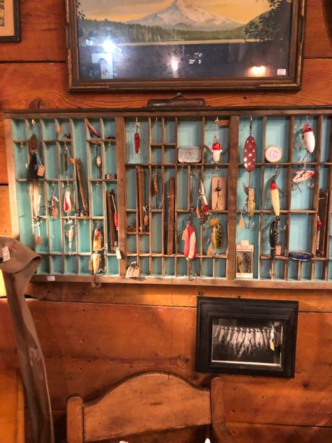 Vintage Hunting Cabin, Fishing Lure Display, Boys Fishing Room, Fishing Lodge Decor, Lure Display, Fishing Lures Display, Rustic Renovations, Fishing Cabin Decor, Hunting Cabin Decor