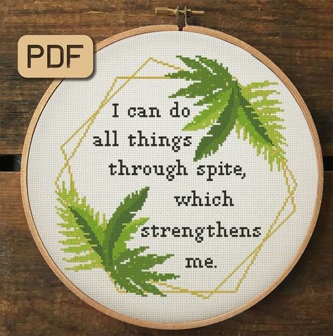 I Can Do All Things Through Spite, Inappropriate Cross Stitch, Snarky Cross Stitch, Subversive Cross Stitch Patterns, Cross Stitch Quotes, Xstitch Patterns, Funny Cross Stitch Patterns, Subversive Cross Stitch, Cross Stitch Funny