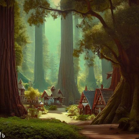 Hidden Village, Village In The Woods, Fantasy Village Forest, Fae Village, Fantasy Forest Town, Wood Elf Village, Wood Elf City, Forest Village Fantasy Art, Town Surrounded By Forest