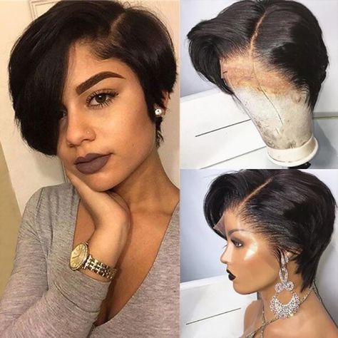 Human Hair Pixie Cut Wig, Short Bob Wigs With Bangs Black Women, Yellow Bob Wigs On Black Women, Asymmetrical Bob Lace Front Wig, Full Lace Pixie Cut Wig, Pixie Cuts, Curling Straight Hair, Blond Ombre, Ombre Blond